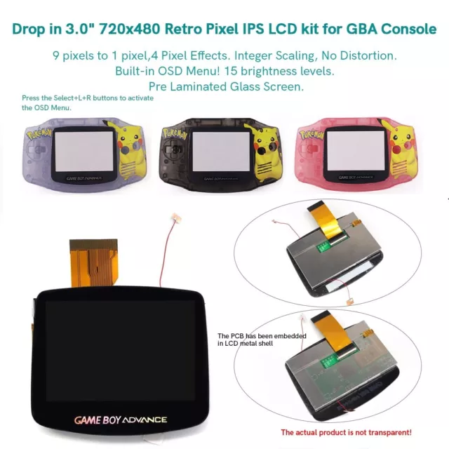 HD Laminated Drop in 3.0'' 720x480 Retro Pixel LCD Kit+Printed Case For GBA