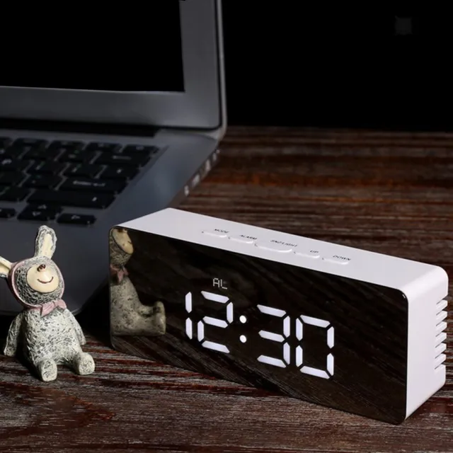 Mirror LED Digital Alarm Clock Bedside Snooze Sleep Timer 12/24 Hours White