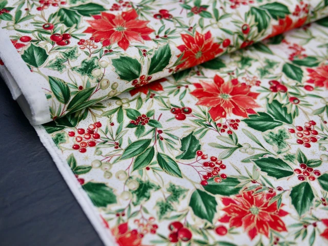 Makower Tela Patchwork Navidad Festivo Foliage Ilex Muérdago Estrella de Navidad