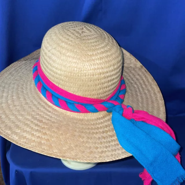Helen Kaminski Sun Raffia Straw Hat Natural Braid Blue Pink Ribbon Rope ❤️blt15m