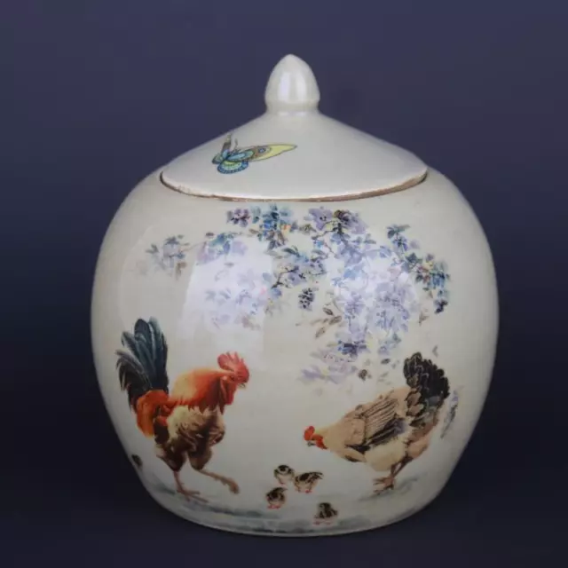 Chinese Qing Guangxu Famille Rose Porcelain Pot Cock Pattern Tea Caddy 5.43 inch