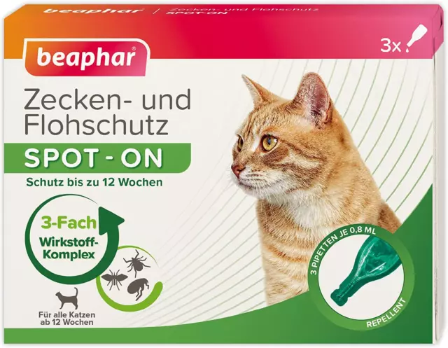 Beaphar Zecken-Und Flohschutz Spot on Für Katzen, Mit Margosa Extrakt,3 X 0,8 Ml