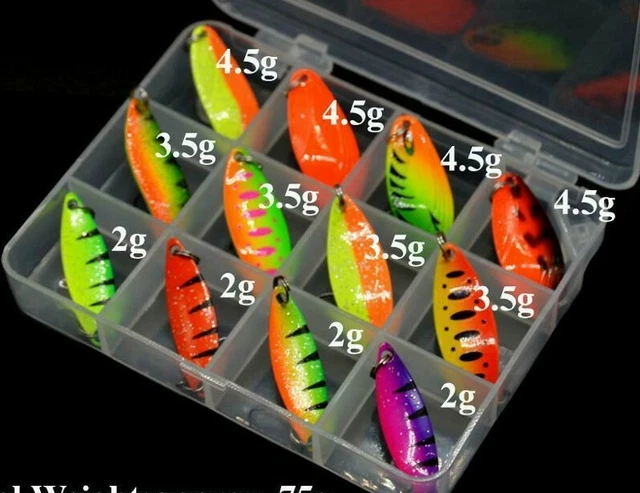 12er Set Box Trout Spoon Set Forellenblinker Blinker Kunstköder Spinnfischen (1)