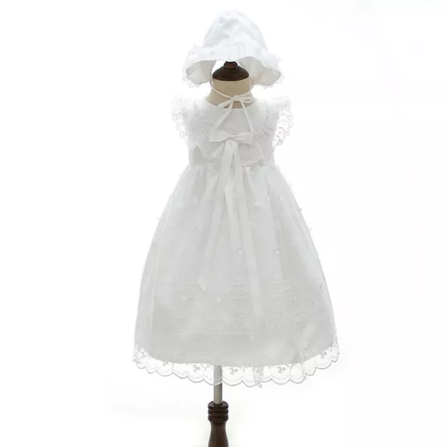 Floral Embroidery Baptism Dress Tutu New Born Baby Christening Lace Gown Bonnet