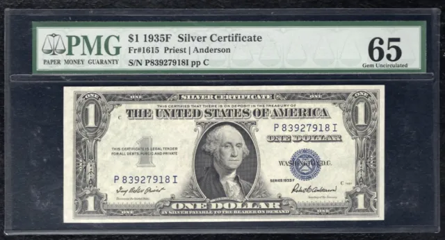 Fr. 1615 1935-F $1 One Dollar Silver Certificate Pmg Gem Uncirculated-65 (C)