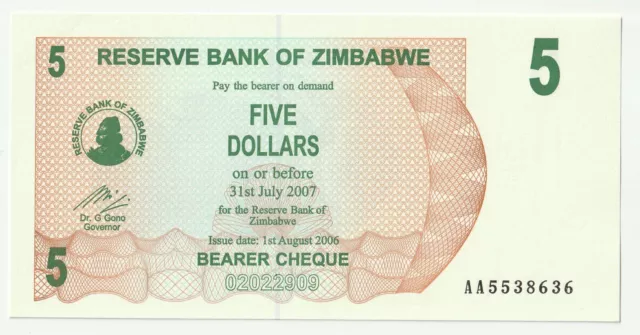 ZIMBABWE 5 Dollars  2006 UNC, P-38