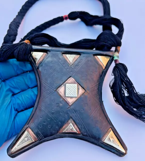 Ancient Antique Tuareg Extra Large Old Leather Silver Necklace Ethnic Tribal