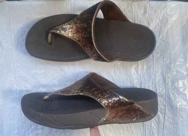 FitFlop Women’s Electra Bronze Sequin Toe-Post Summer Sandals Sz 11 US