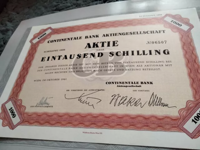 Continentale Bank seltene 1000 Schilling Aktie 1961 - traditionelle Wiener Bank