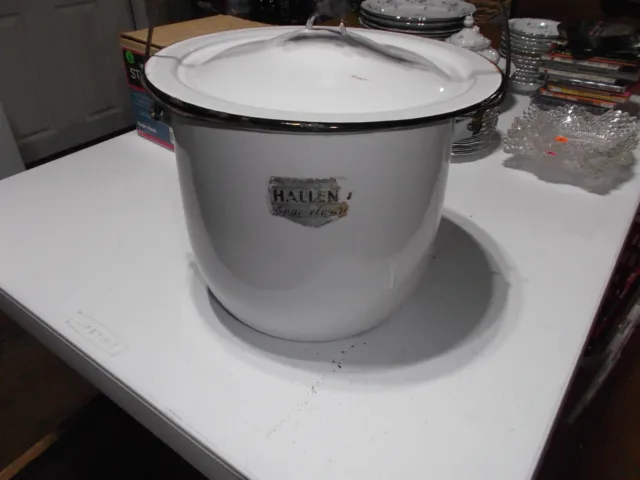 Vintage Large Enamelware Chamber Pot, White Black Trim, Bale Handle & Lid