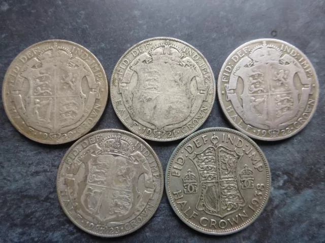 5x King George V Half Crown 0.500 (50%) Silver 1920 1921 1922 1923 1938 Joblot