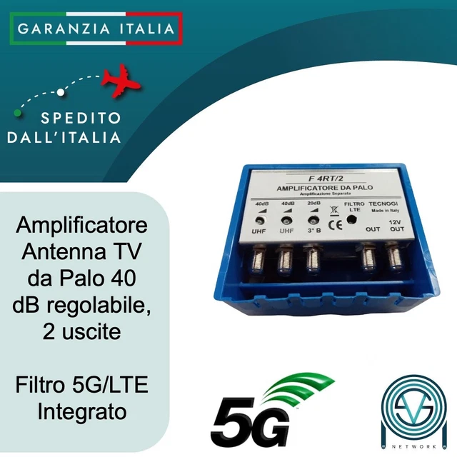 Amplificatore Antenna TV Da Palo Con Filtro LTE/5G – Guadagno 40dB Regolabile, 2 Ingressi UHF + 1 VHF, 2 Uscite, Separazione Bande