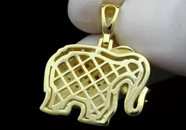 ROUND SIMULATED DIAMOND Elephant Charm Pendant Silver 14K Yellow Gold ...