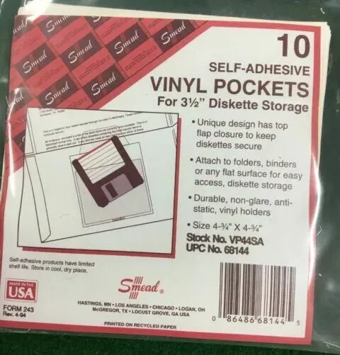 (2)Self-Adhesive Vinyl Pockets, 4-3/4" x 4-3/4" Lot Of 2 SMEAD Stock #VP44SA New