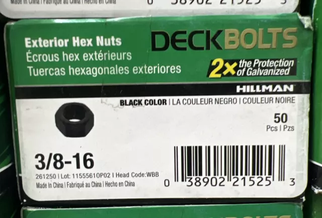 50 Pack Hillman Exterior Hex Nuts 3/8-16 Black 261102  Ships free