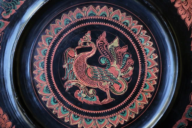 Antique/Vintage Burmese Lacquered Wooden Plate Hand Painted Amazing Detail 25cm 8