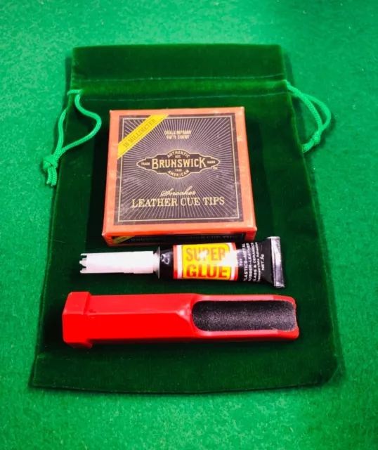 Snooker Cue Re-Tipping Kit - Green Velvet Bag, Sander, Glue, Tips