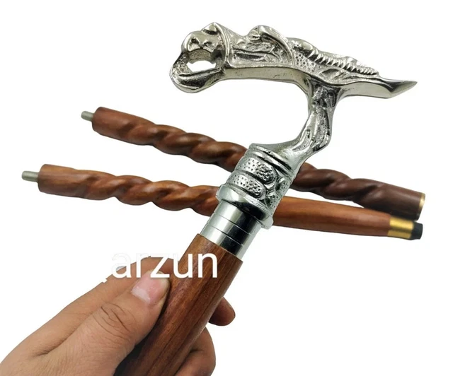 Metal Designer Dragon Silver Handle Cane Head Handle Wooden Walking cane-Walking