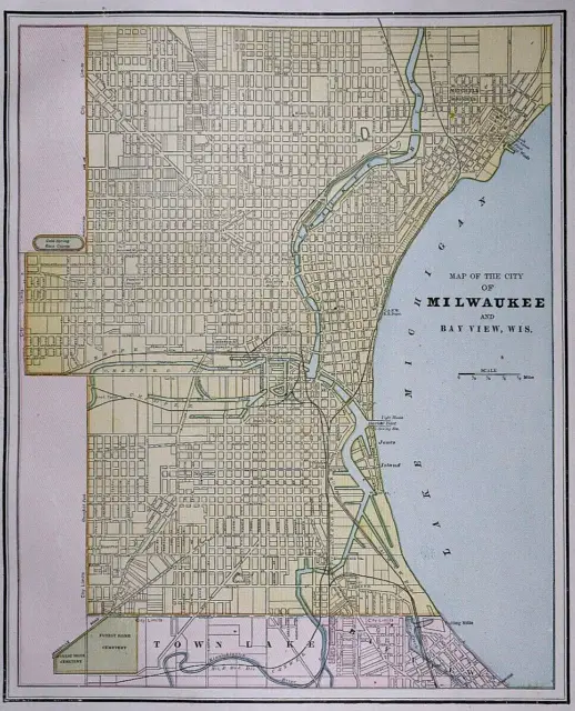 Old Lg (17"x12") 1889 Cram's Atlas Map ~ MILWAUKEE, WISCONSIN ~ Free S&H