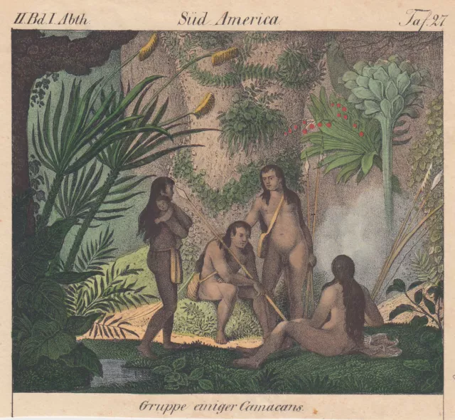 Brasilien Ethnologie Camacans Original kolorierte Lithografie Völkergalerie 1840