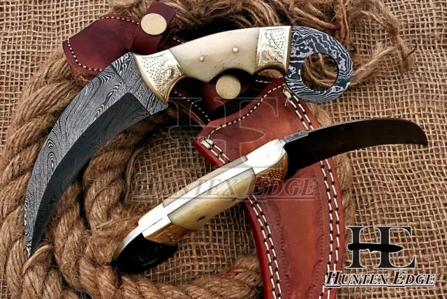 HUNTEX New Custom Handmade Damascus 230mm Long Camel Bone Hunting Karambit Knife