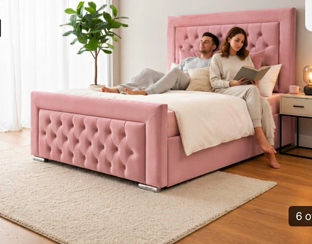 DOUBLE UPHOLSTERED VELVET Bed Frame with Headboard & Footboard Pink ...
