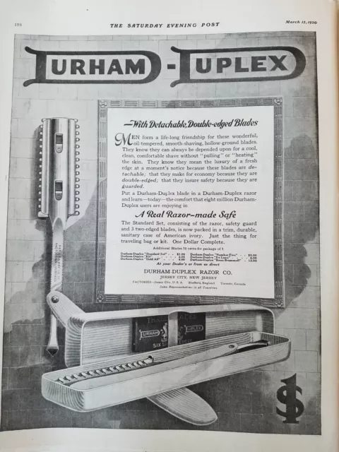 1920 Vintage Durham Duplex  Razor Co Shaving Straight Strait Razor Original Ad