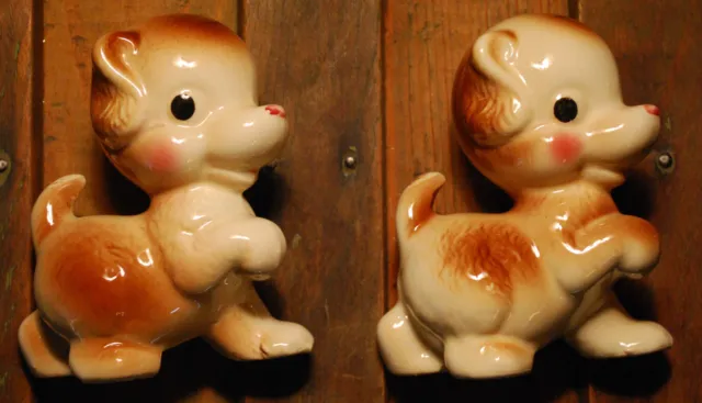 Vintage PUPPY DOG FIGURINES Matched Pair 2 Glazed China PAW RAISED 1940s CUTE