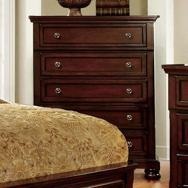 Transitional Style 5 Drawer Wooden Chest, Dark Cherry Brown Brown 5-drawer