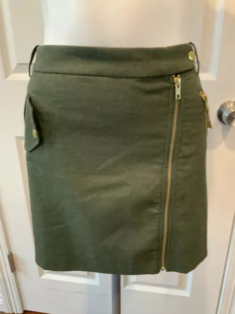 J. Crew Olive Green Mini Skirt W/ Gold Zippers & Snaps, Size 6 (US)