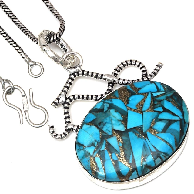 Pendant Blue Copper Turquoise Gemstone Handmade Ethnic 925 Silver Jewelry 1.75"