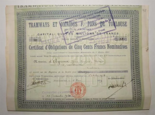 certificat d obligation : Sté des transports  region Toulousaine F.Pons ( 736 )