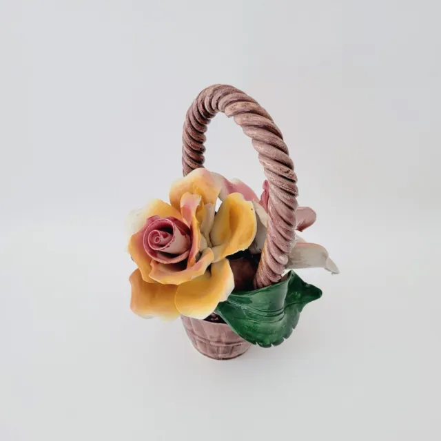 Vintage Nuova Capodimonte Pink & Yellow Porcelain Flower Basket, Italy