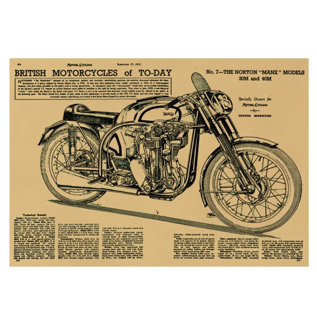 1pc Motorcycle Retro Kraft Paper Poster Sketch Home Decor Painting Wall SticBSA