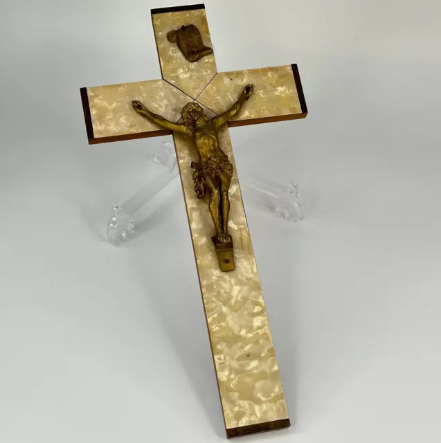 Vintage French Large White Faux Marble Wood Cross With Gold Colour Metal Jesus