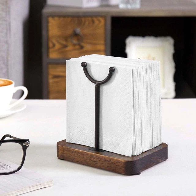 Napkin Holder with Brown Wood Base and Arch Top Design Matte Black Metal Stand