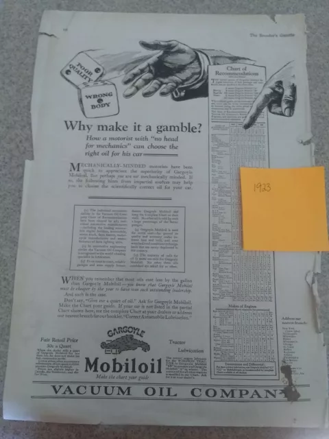 Vintage Early Gargoyle Mobiloil newspaper  Advertising 1923, 10.5”x15”