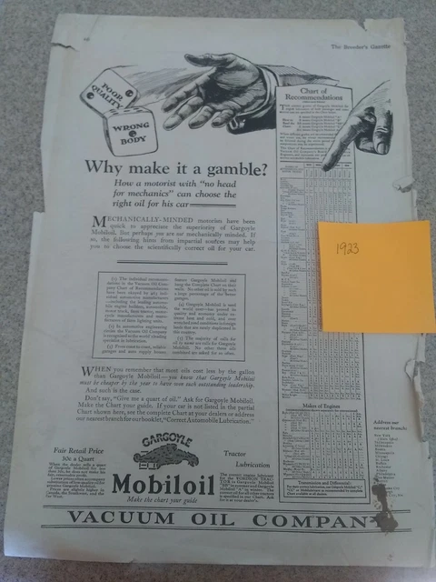 Vintage Early Gargoyle Mobiloil newspaper  Advertising 1923, 10.5”x15”