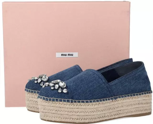 New Miu Miu Blue Denim Crystals Embroidered Espadrilles Shoes 40.5/ Us 10.5