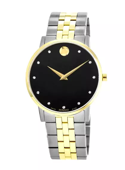 Movado $1295 Mens Diamond Two-Tone Black Dial Museum Classic Swiss Watch 0607202