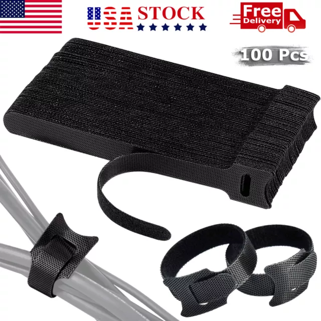 100 PCS Cable Straps Reusable Wire Cord Hook Loop Ties Black Fastening Organizer