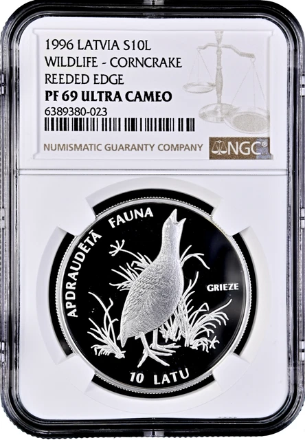 Lettonia 10 Latu 1996, NGC PF69 UC, ""Specie animali minacciate - Re quaglia"" Top Pop