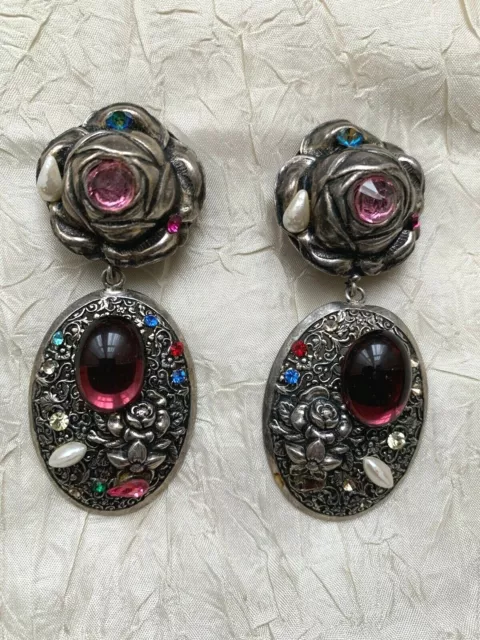 Vintage Francés Designer Pendientes Clip - Metal Plateado, Vidrio Cabujón, Perla