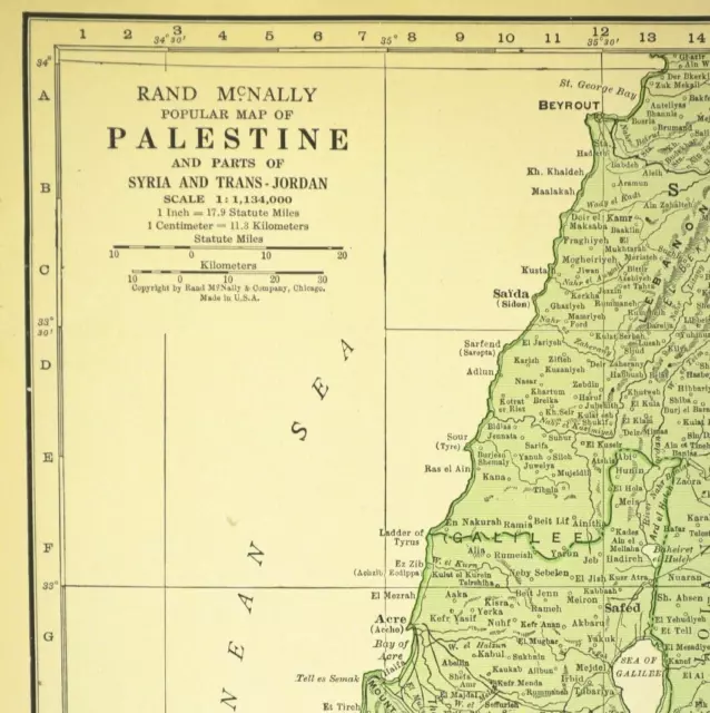 Vintage Palestine Map Jerusalem Holy Land Israel Wall Art Original