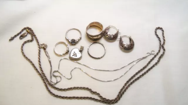 Vintage 925 Sterling Silver Estate Jewelry Lot Chains Rings Pendant Earrings