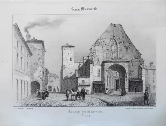 Lithographie XIXème - Église de St Sever - Landes - Aumont - J.Philippe