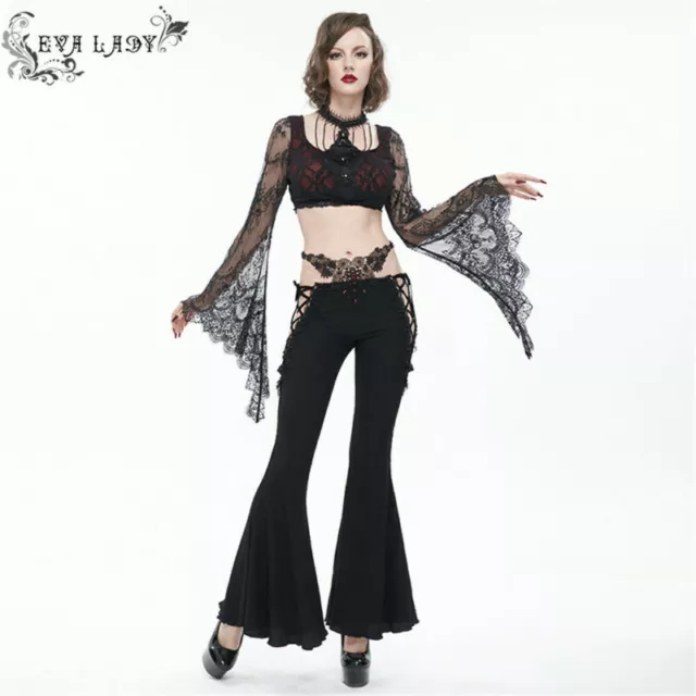 Eva Lady Women's Gothic Skinny High Waist Trousers Lace Decoration Flared Pants