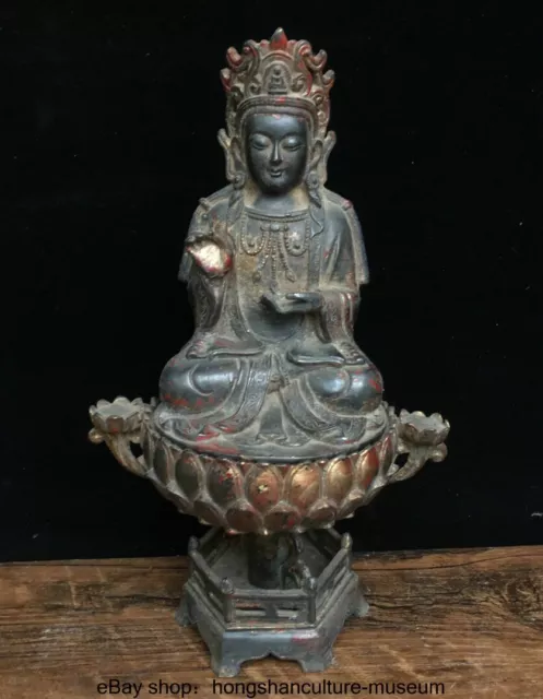 9.2 " Ancient China Bronze Buddhism Guanyin Kwan-Yin Buddha Lotus Statue