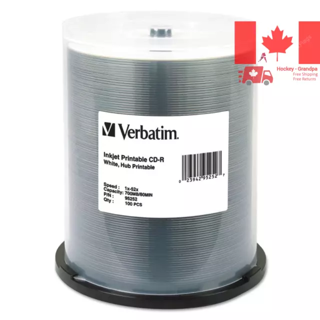 Verbatim 95252 CD Recordable Media -CD-R -52x -700 MB -100 Pack Spindle -Inkj...