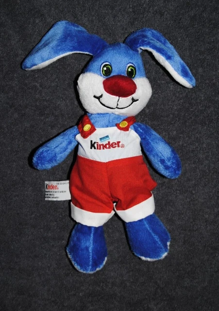Peluche Doudou Lapin KINDER FERRERO Bleu Poil Ras Salopette Rouge 25 / 35 Cm